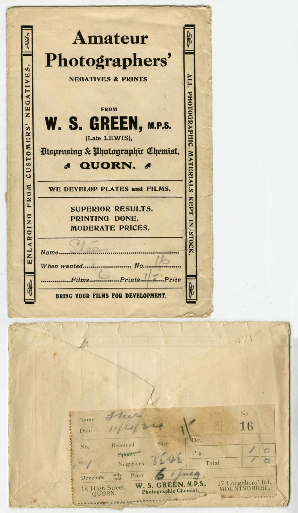 Photographic envelope from Green's chemist, Quorn