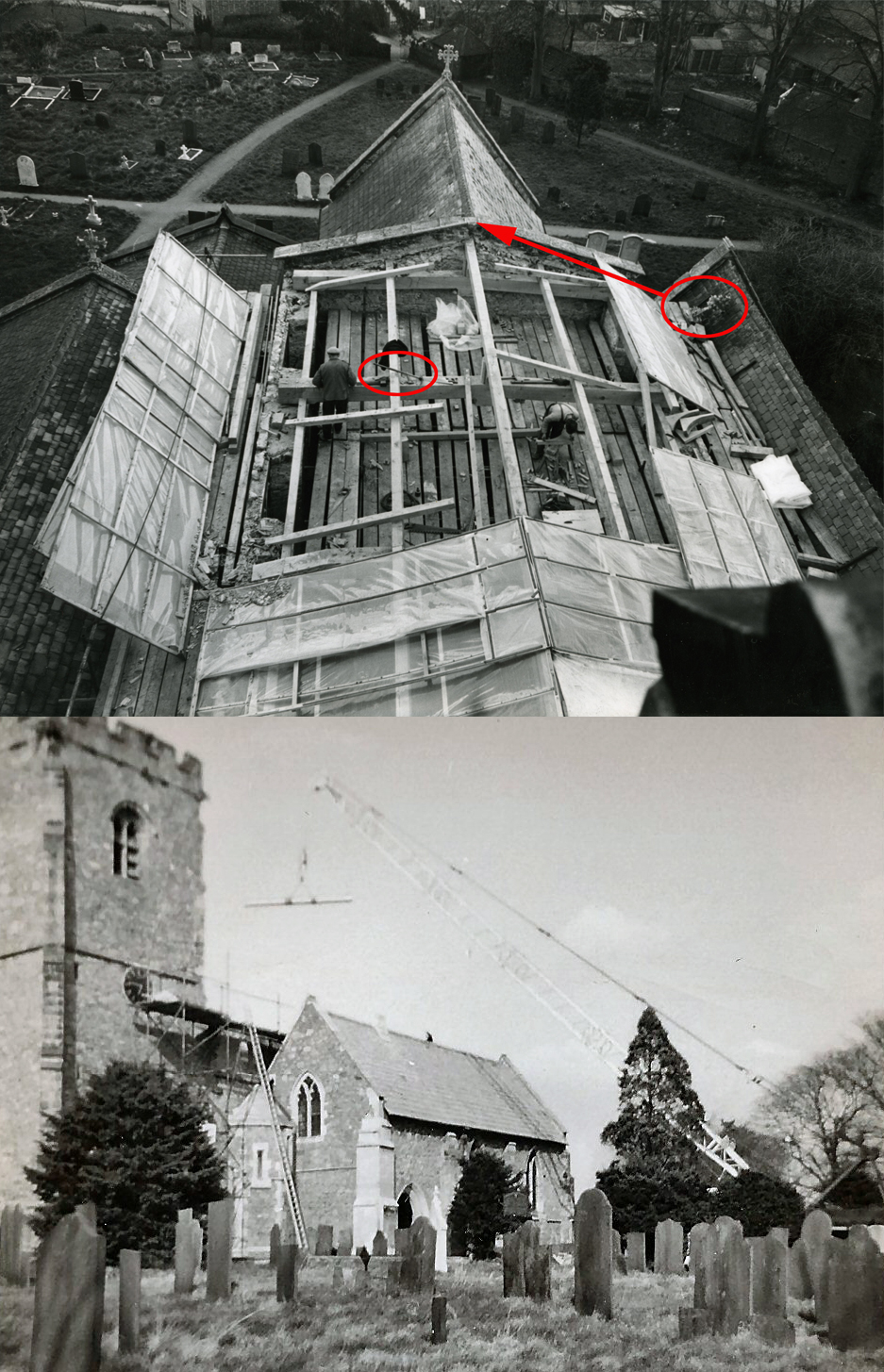 Replacing the Church roof after the Church fire in 1965