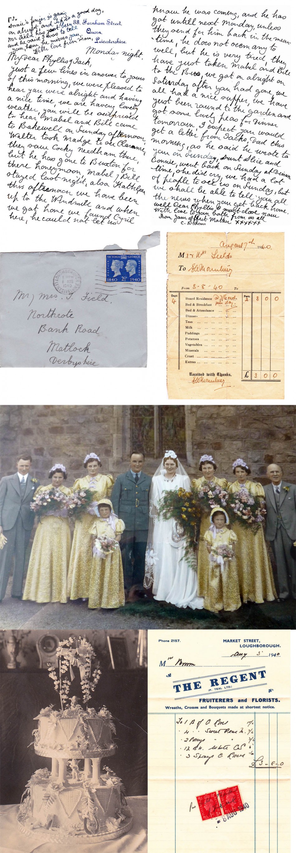 The marriage of Phyllis Broom and John Field, August 3rd 1940  photograph, letters and honeymoon