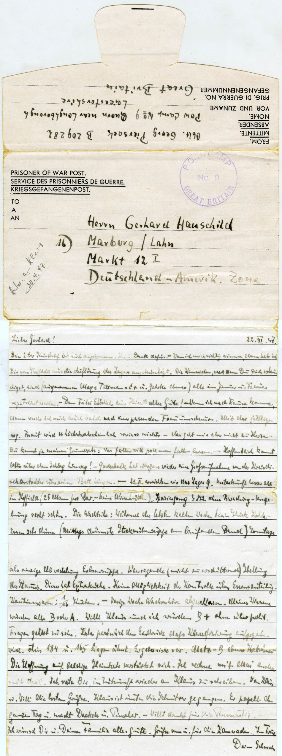 Letter from Quorn Prisoner of War Camp, March 1947