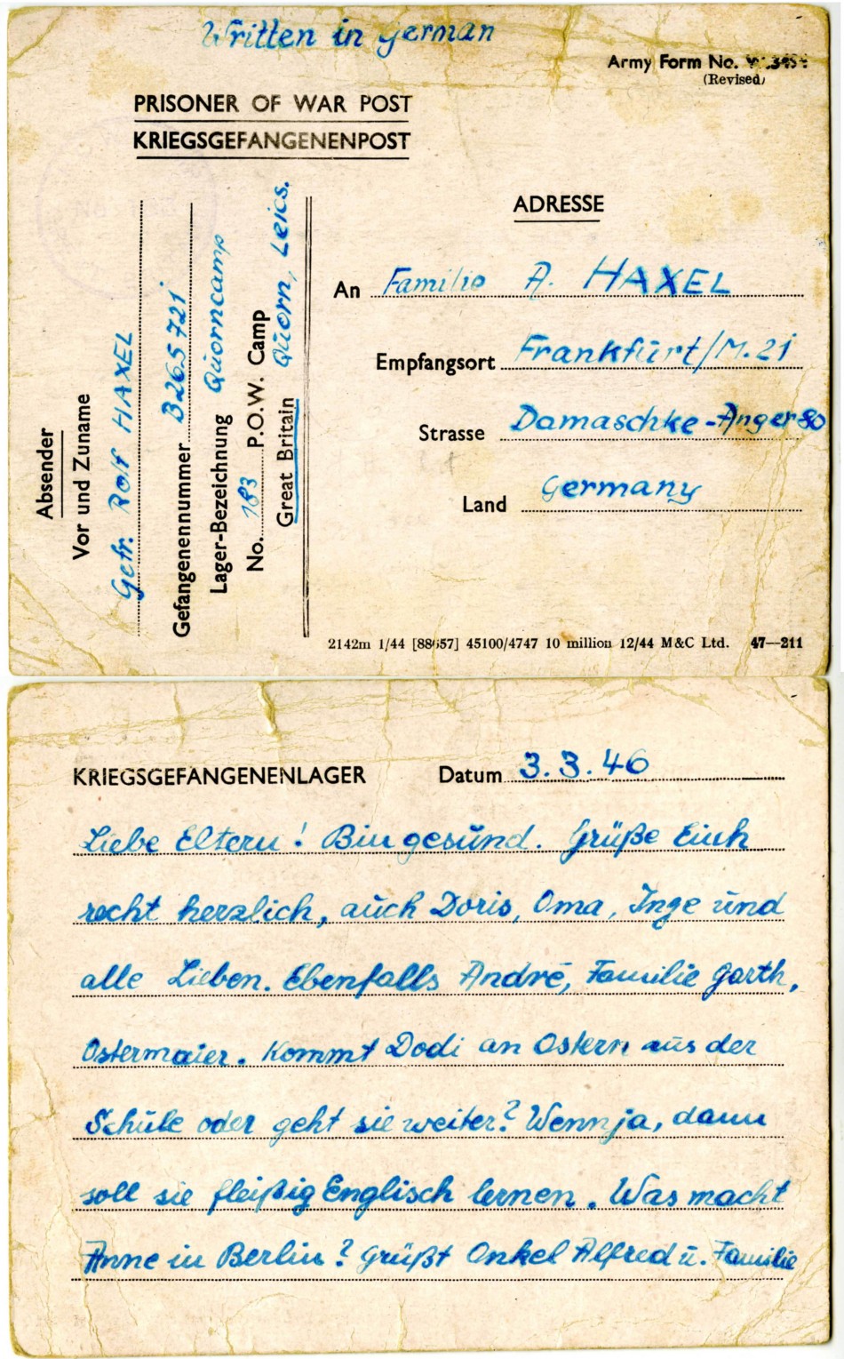 Letter from Quorn Prisoner of War Camp, March 1946