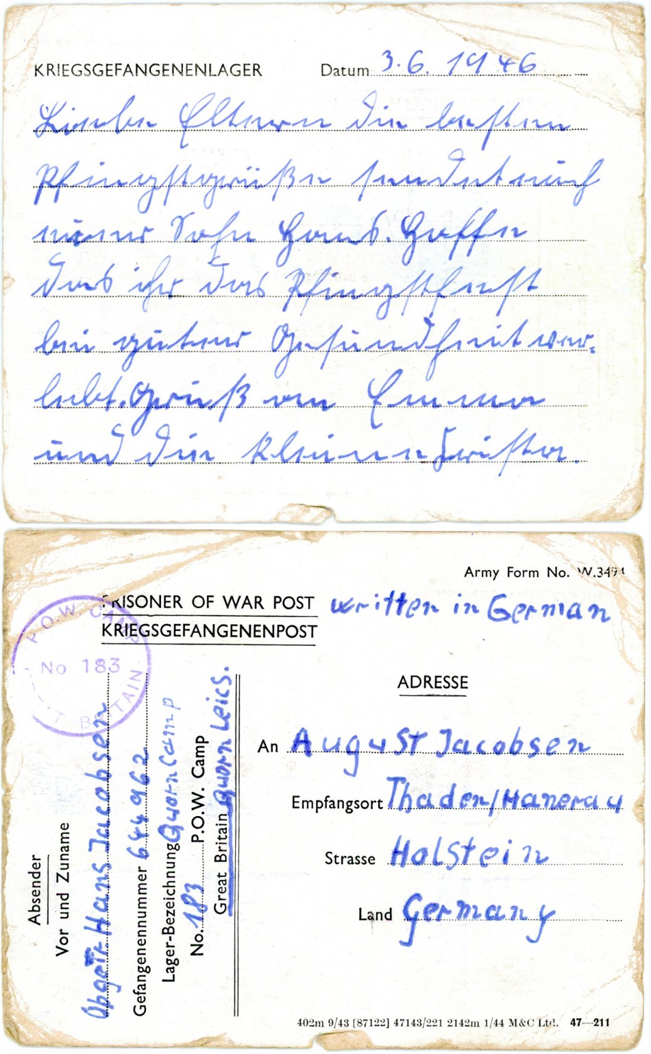 Card from Quorn Prisoner of War Camp to Germany, 3rd June 1946