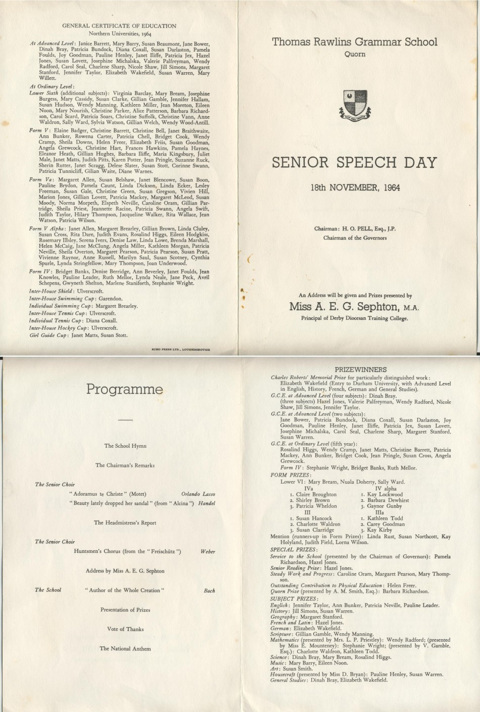 Thomas Rawlins Grammar School, Quorn, Senior Speech Day November 1964