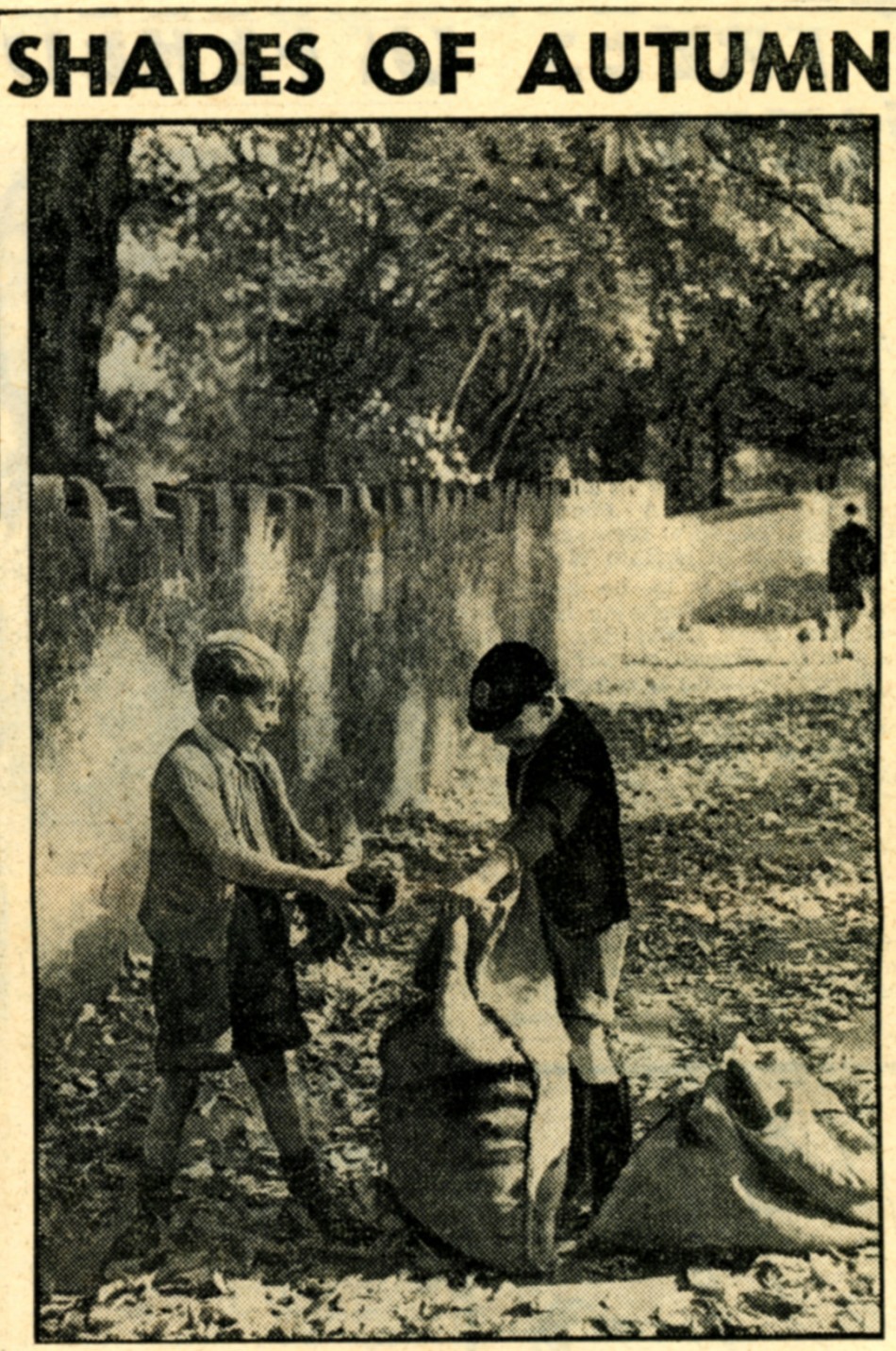 Collecting leaves on High Street, Quorn, October 1952