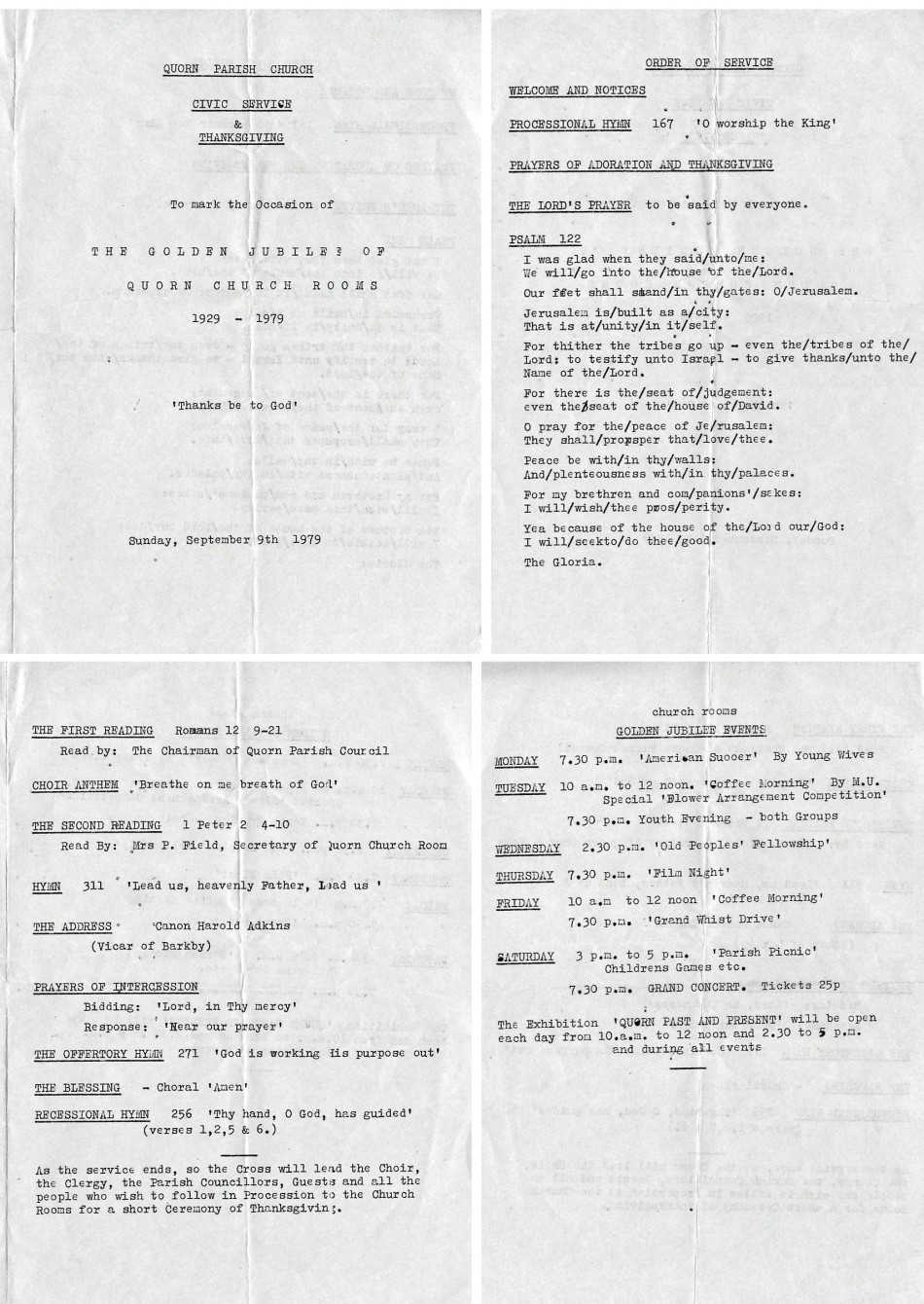 Quorn Church Rooms, 1979 golden jubilee order of service