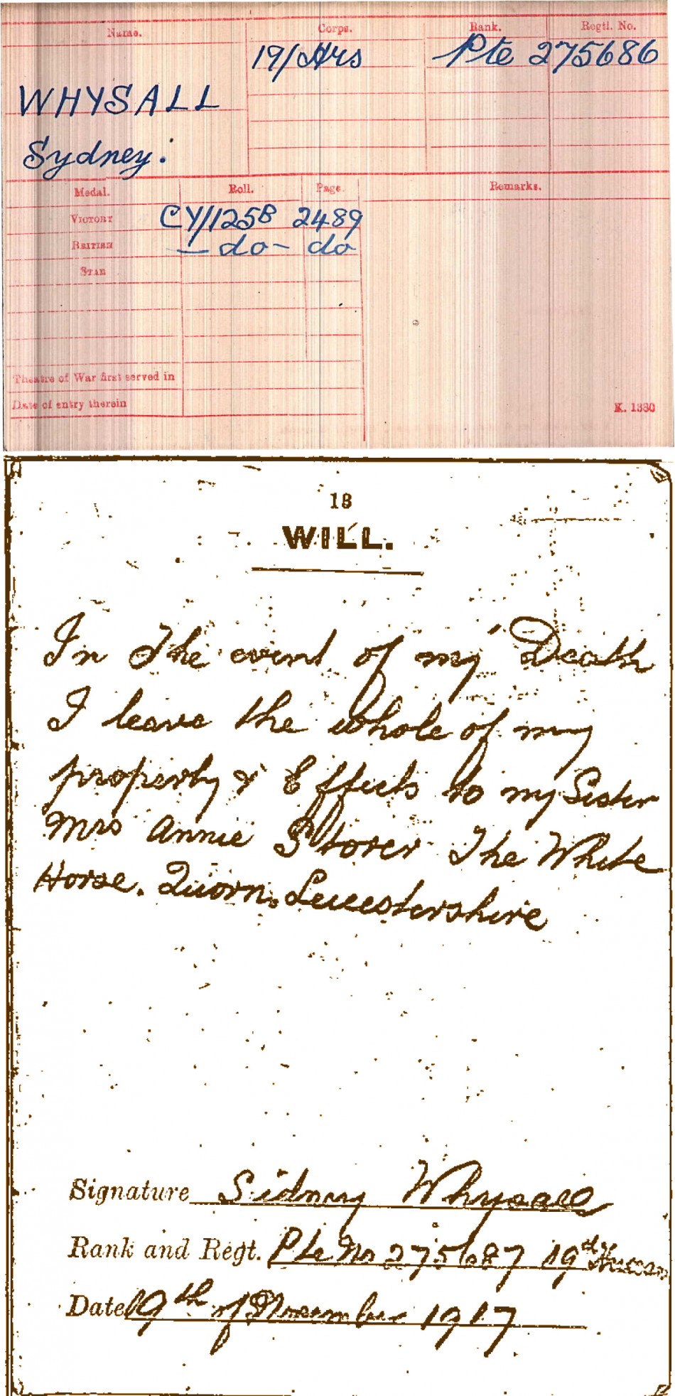 Quorn WW1 Roll of Honour - Sydney Francis Whysall