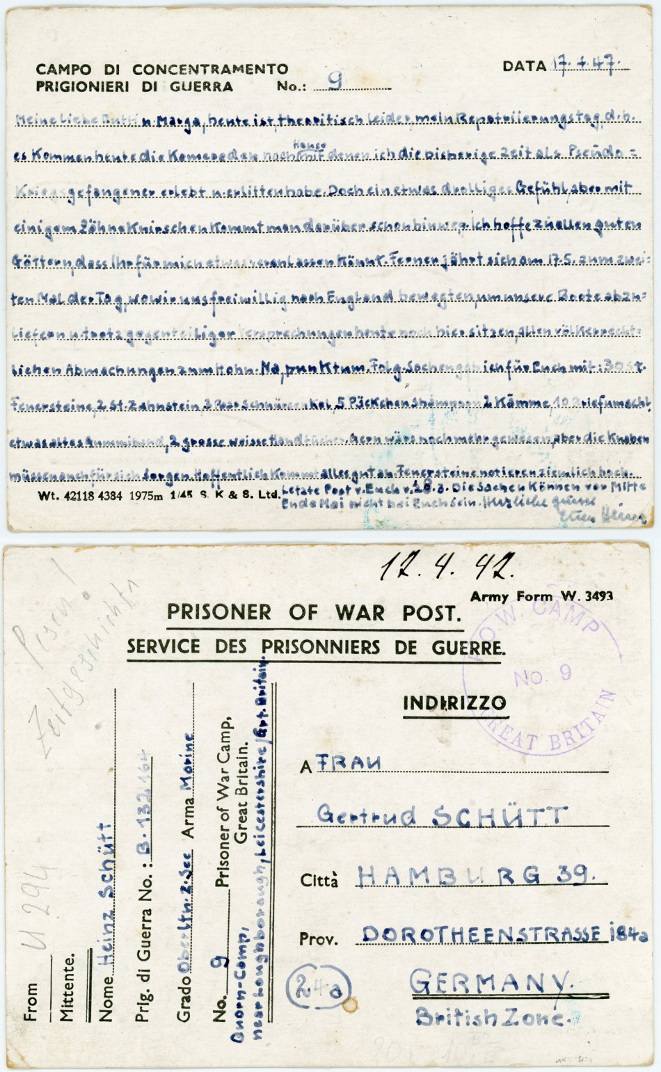 Card from Quorn Prisoner of War Camp to Germany, 17th April 1947