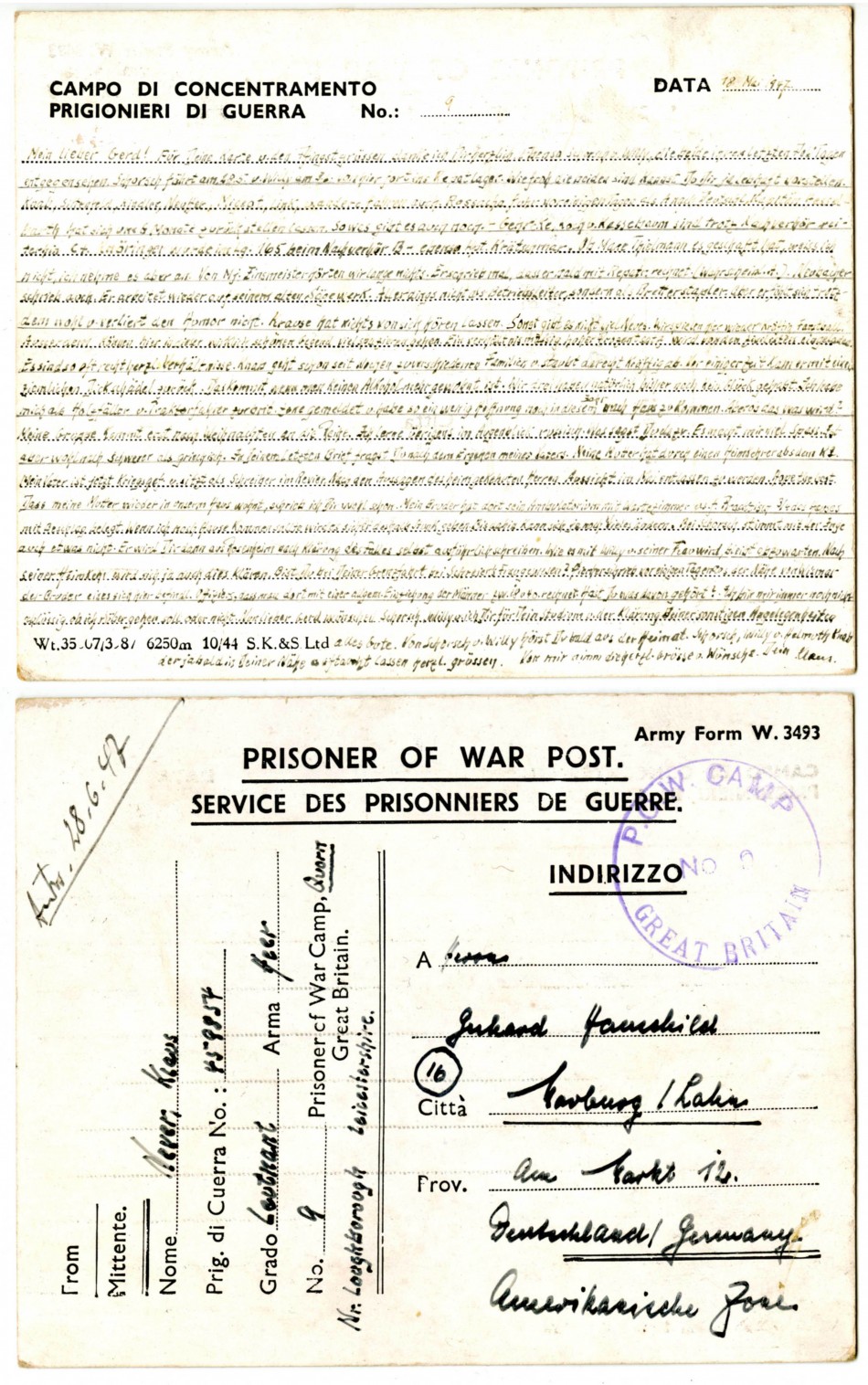 Card from Quorn Prisoner of War Camp to Germany, 18th May 1947