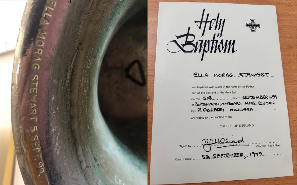 HMS Quorn bell - Ella Morag Stewart, baptism