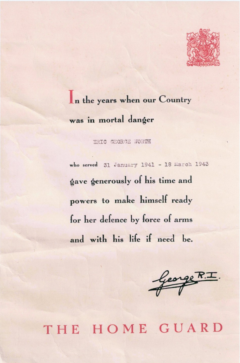Quorn Home Guard � Certificate from the King