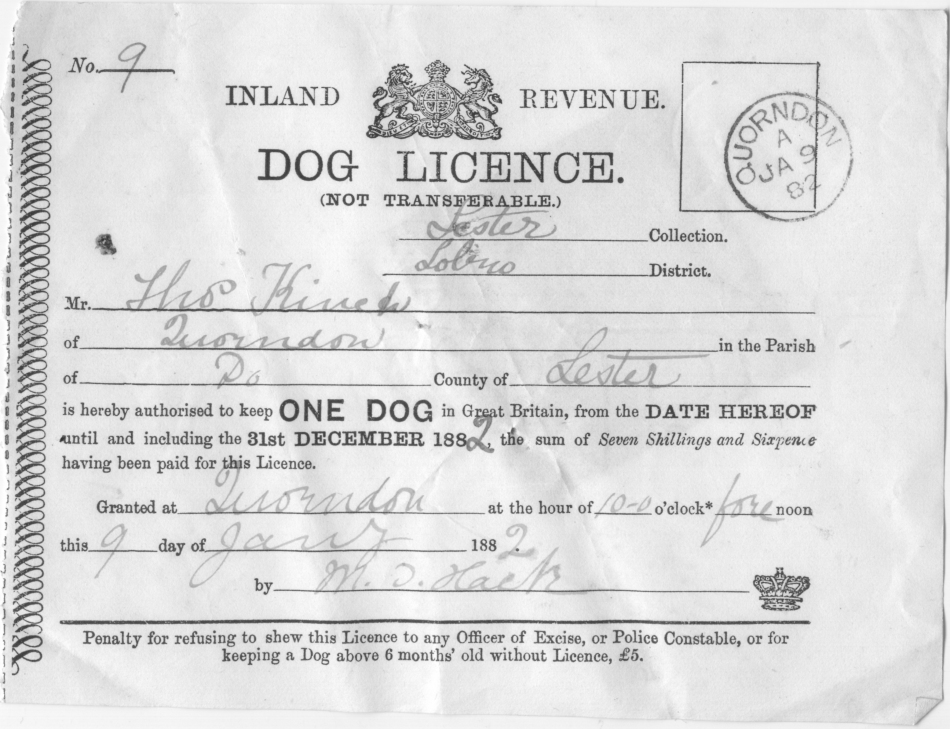 Quorn Dog Licence 1882