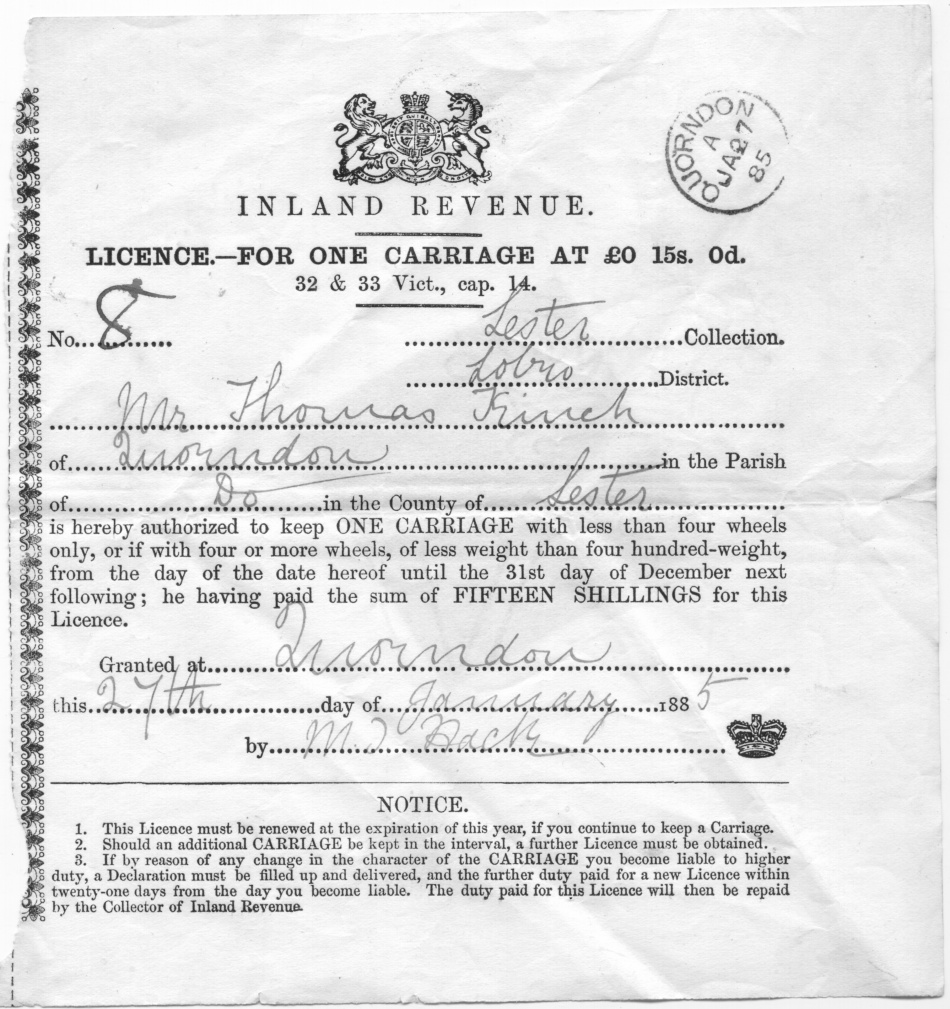 Carriage Licence 1885